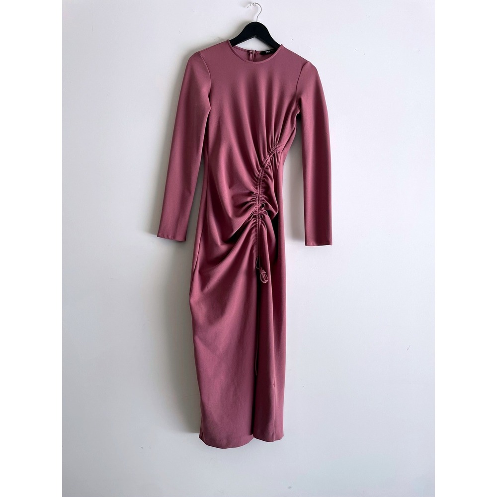 Zara Womens Ruched Side Slit Midi Dress Long Sleeve Dusty Rose Pink Size Small